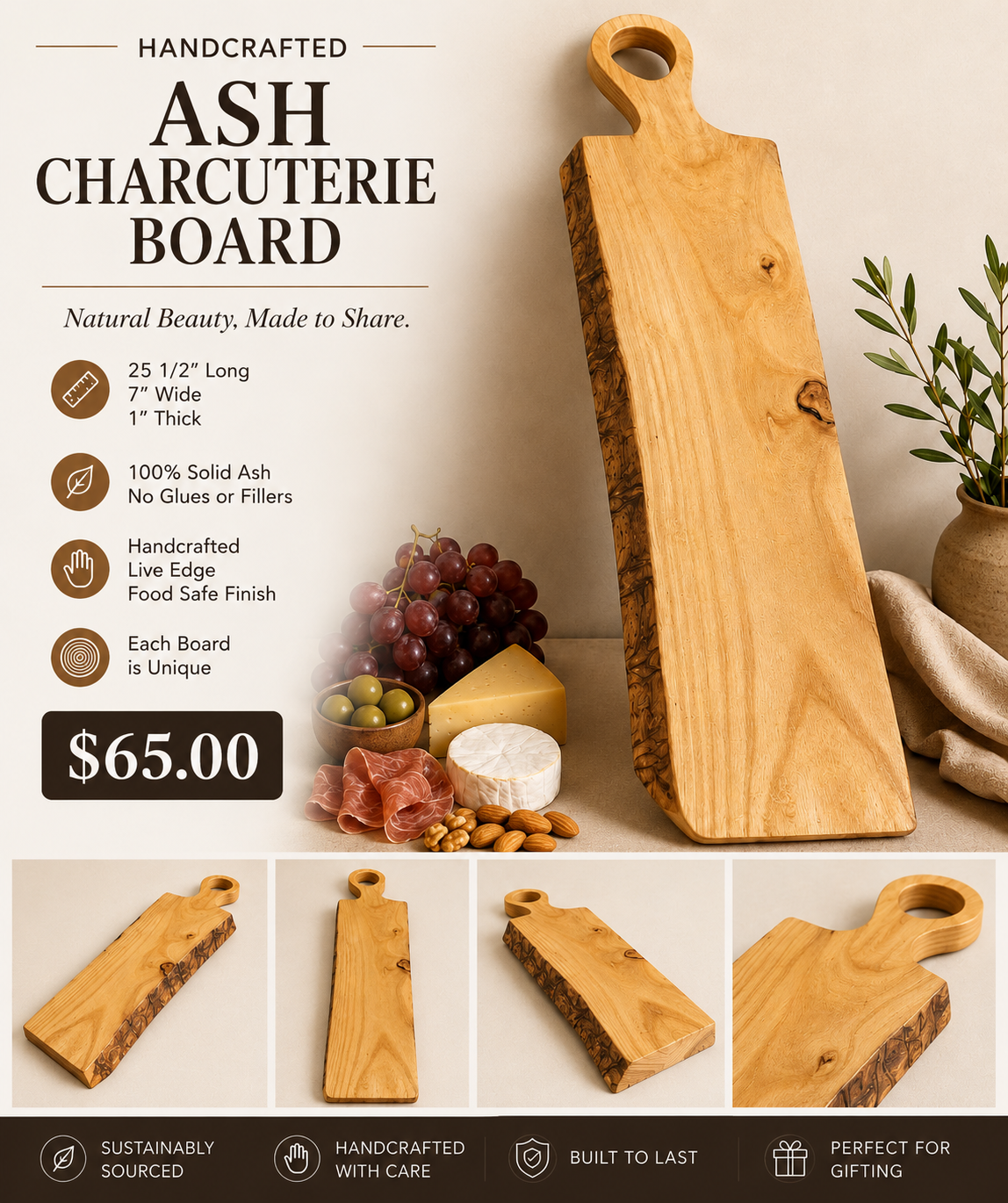 Live Edge Ash Charcuterie Board