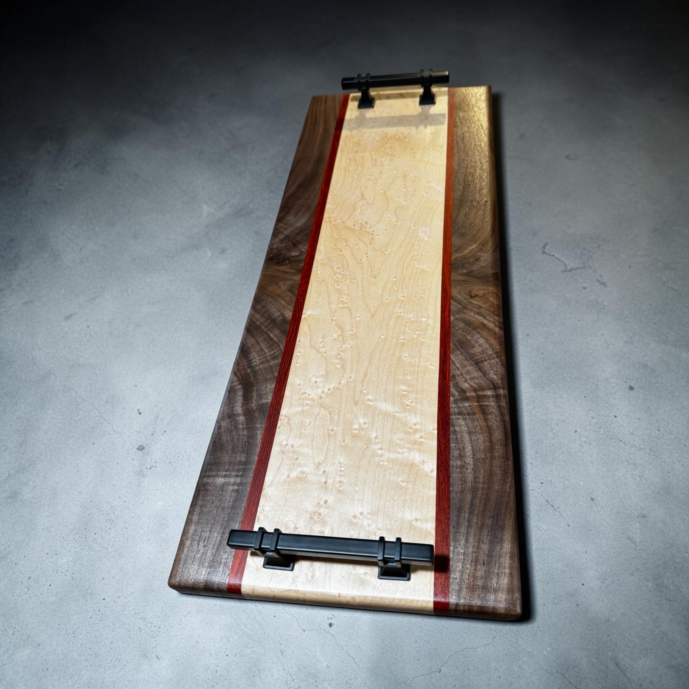 Handcrafted Walnut, Padauk & Bird’s-Eye Maple Serving Tray – 9” x 24”