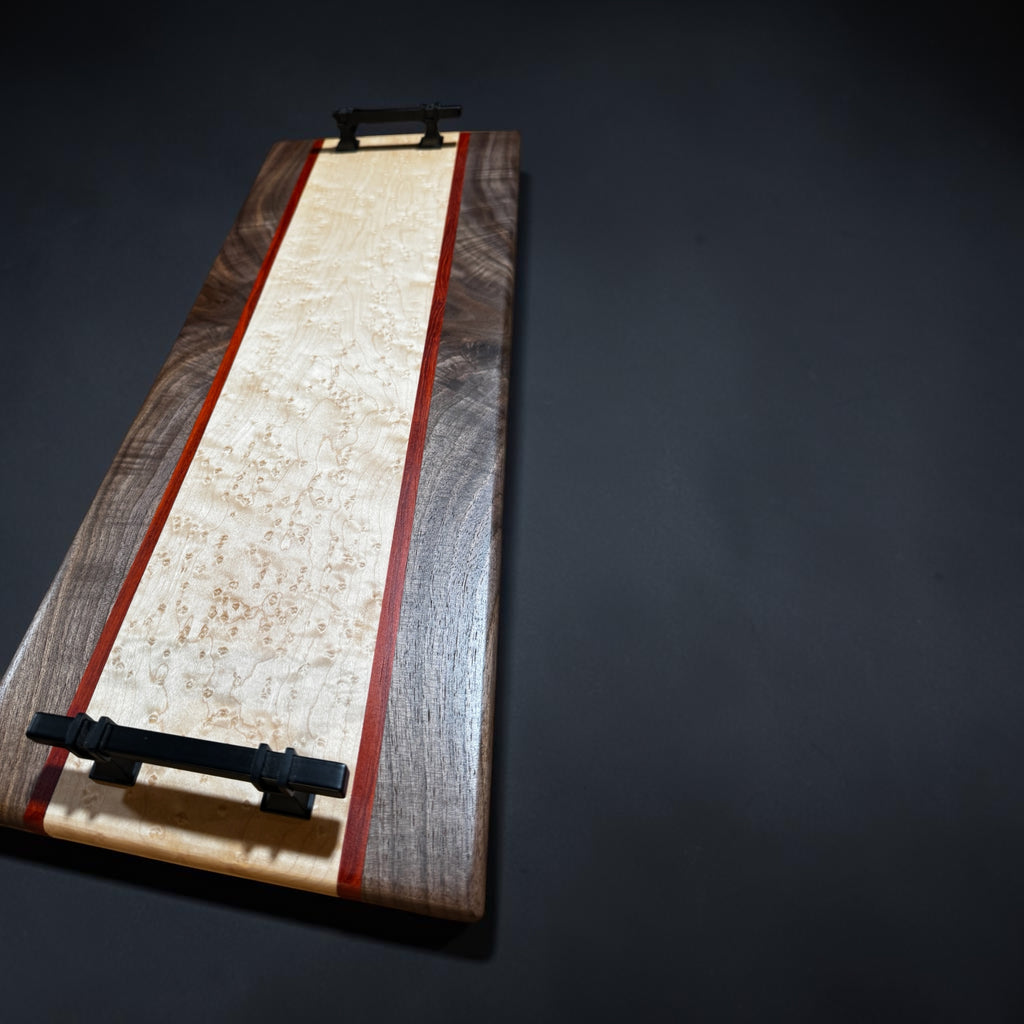 Handcrafted Walnut, Padauk & Bird’s-Eye Maple Serving Tray – 9” x 24”